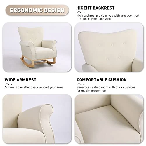 WIILAYOK Nursery Rocking Chair, Velvet Glider Rocker With Solid Wood Base And High Backrest For Baby Nursery, Comfy Rocking Recliner Armchair For Breastfeeding And Rocking Baby To Sleep (Beige) - Image 5