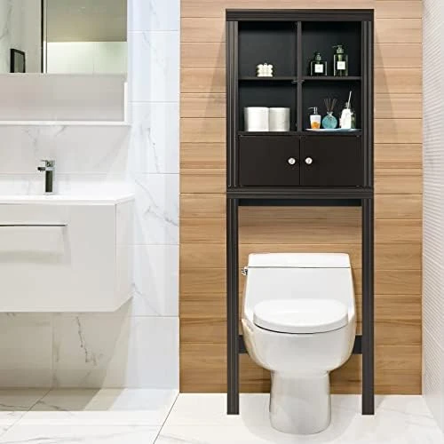 LOKO Over The Toilet Storage Cabinet, 2-Door Tall Bathroom Organizer W/ 4 Open Compartments & Adjustable Shelves, Modern Simple Toilet Space Saver, Ideal For Bathroom Laundry Balcony (Espresso) - Image 6