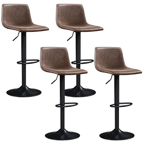 Yaheetech BarStools Modern Design Bar Stools Urban Industrial PU Leather Armless Chair Adjustable Height Swivel For Bar Counter Kitchen Set Of 4, Brown