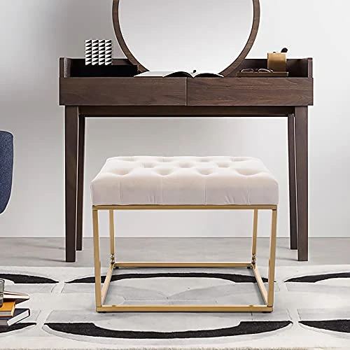 AWQM Tufted Ottoman Bench,Velvet Upholstered Seat,Footrest Chair,Rectangle Vanity Stool With Golden Metal Frame,Perfect For Dressing Room,Living Room,Entryway Or Bedroom,Beige…