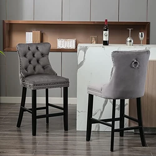 LZ LEISURE ZONE Counter Height Bar Chairs Set Of 2, Velvet Upholstered Bar Stools With Button Tufted Decoration, Chrome Nailhead Trim And Back Ring, Seat Height 27.2" (Light Blue) - Image 11