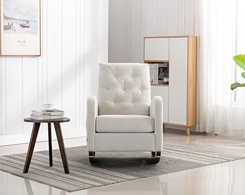 Modern Accent Rocking Chair, Upholstered Nursery Glider Rocker For Baby And Kids, Comfy Armchair With Side Pocket, Living Room Lounge Arm Chair, High Backrest With Decorative Buttons, Off White - Image 2