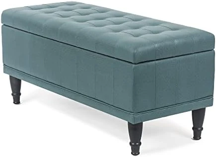 Asense Linen Fabric Rectangle Tufted Lift Top Storage Ottoman Bench, Footstool With Solid Wood Legs Upholstered Storage Bench (Noble Beige) - Image 12