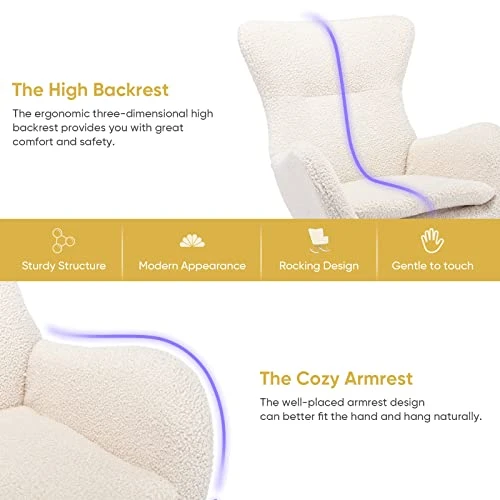 GEEVIVO Teddy Velvet Rocking Chair, Upholstered Accent Glider Rocker For Baby Nursery, Comfy Armchair Side Chair With High Backrest With High Backrest For Living Room, Bedroom (Beige, Teddy Velvet) - Image 5