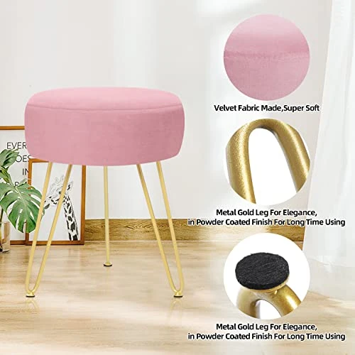 YOONIC Velvet Soft Modern Vanity Stool -Round Footrest Stool Ottoman Side Table Seat Dressing With Golden Metal Leg And Sponge Filling,Upholstered Foot Rest, For Living Room And Bedroom Pink - Image 3