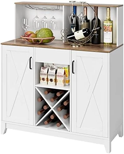 HOSTACK Wine Bar Cabinet For Liquor And Glasses, Barn Doors Wine Cabinet With Adjustable Storage Shelves, Wooden Sideboard Buffet Storage Cabinet For Kitchen, Dining Room, Farmhouse Ash Grey - Image 9