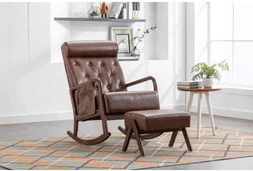 Rocking Chair With Ottoman, Mid-Century Modern Rocking Armchair, High Back Nursery Rocker With Button Tufted Back, Accent Glider Rocker Chair With Side Pocket For Living Room Bedroom, Yellow - Image 8