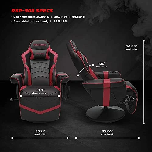 RESPAWN RSP-900 Racing Style, Reclining Gaming Chair, 35.04" - 51.18" D X 30.71" W X 37.01" - 44.88" H, Leather, Red - Image 2