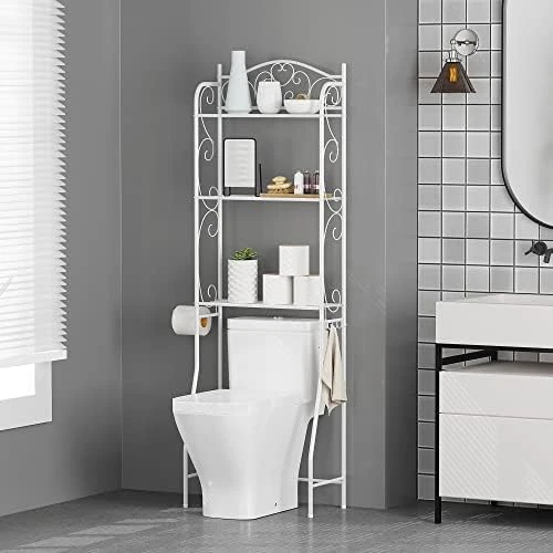HOME BI Over The Toilet Storage Shelf ,Bathroom Organizer Over The Toilet Storage 4-Tier ,Wooden Freestanding Toilet Shelf For Space Storage Toilet With Hooks(Rustic Brown) - Image 5
