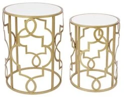 Gold&White Round Nesting Side End Tables Set Of 2 In Wooden Top, Assemble Already, Small Coffee Tables For Living Room Small Space, 16.5" D X 22" H & 14" D X 19" H