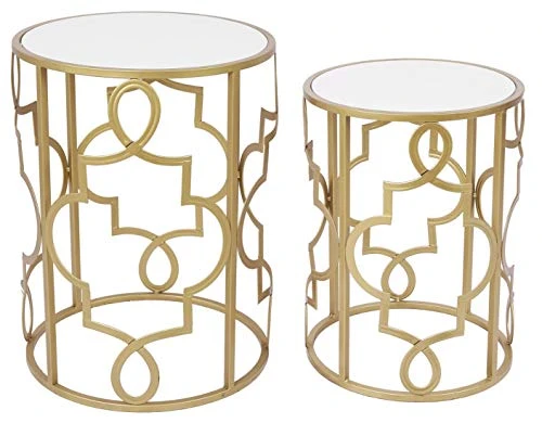 Gold&White Round Nesting Side End Tables Set Of 2 In Wooden Top, Assemble Already, Small Coffee Tables For Living Room Small Space, 16.5" D X 22" H & 14" D X 19" H