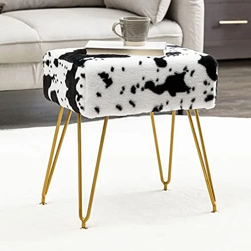 Modern Mink Square Footstool Ottoman Bench, White Faux Fur Vanity Stool With Gold Legs, Comfy Vanity Chair Entryway Bench, Makeup Stools For Vanity, Plush Fluffy Footrest For Bedroom, Living Room - Image 12