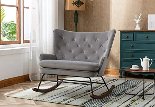 Polyester Rocker Armchair Oversized Tufted High Back Loveseat Chair Comfortable Glider Rocking Chair For Bedroom/Nursery/Living Room, Grey - Image 5