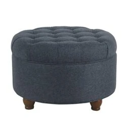 Homepop Home Decor | Large Button Tufted Woven Round Storage Ottoman | Ottoman With Storage For Living Room & Bedroom (Navy Woven) 25 Inch D X 25 Inch W X 15 Inch H