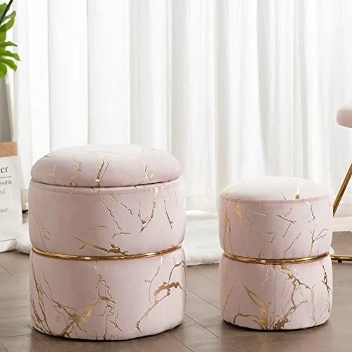 Furnimart Round Bronzing Velvet Storage Ottoman,Vanity Stool Chair,Upholstered Foot Rest Stool With Gold Plating Band For Living Room Or Bedroom,Pack Of 2 - Image 5