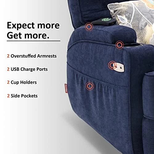 MCombo Electric Power Swivel Glider Recliner Chair With Heat And Vibrating For Nursery, USB Ports, Pillow, Cup Holders, Remote Control, Fabric 7752 (Navy Blue) - Image 7