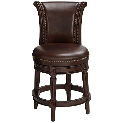 55 Downing Street Addison Walnut Wood Swivel Bar Stool Brown 26" High Traditional Scroll Mocha Grain Leather Upholstered Round Cushion With Backrest Footrest For Kitchen Counter Island Home - Image 4