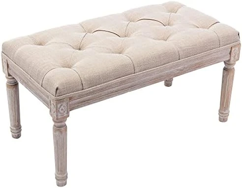 Chairus Fabric Upholstered Entryway Ottoman Bench - Classic Bedroom Bench With Rustic Wood Legs - Beige - Image 8