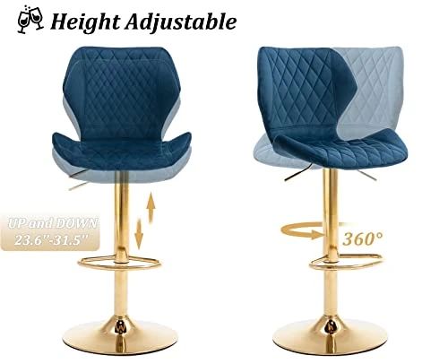 CIMOTA Velvet Bar Stools Set Of 2 Adjustable Height Bar Chairs With Back Modern Swivel Barstools For Kitchen/Home Bar/Dining Room/Office, (23.6 To 31.5 Inch/Gold Base/Navy Blue) - Image 5