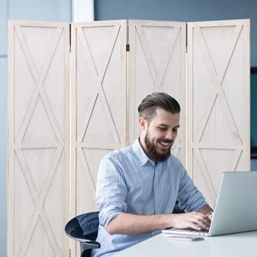 ECOMEX 4 Panel Room Divider 5.8 FT Foldable Panel, Privacy Wall Portable Room Dividers Screen Wood Room Mesh Durable Design Freestanding Wooden Separator(Cream X) - Image 2