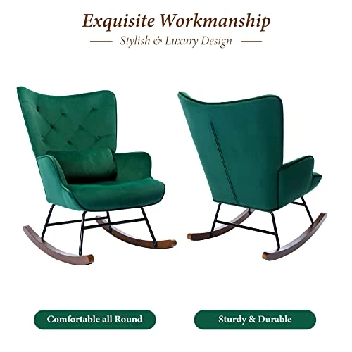 YOUTHUP Velvet Rocking Chair Indoor Mid-Century Modern Tufted Winback Rocker Chair With Solid Wood Base Comfy Tall Back Glider Rock Armchair For Living Room, Nursery, Balcony, Green - Image 6