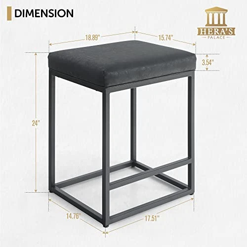 HERA'S PALACE Bar Stool Counter Height Modern Barstools Bar Height Without Back, 24" Leather Bar Chairs Industrial With Footrest For Kitchen, Living Room, Dining Bar, Indoor, Black - Image 2