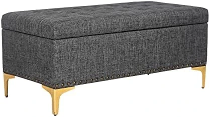 Asense Linen Fabric Rectangle Tufted Lift Top Storage Ottoman Bench, Footstool With Solid Wood Legs Upholstered Storage Bench (Noble Beige) - Image 5