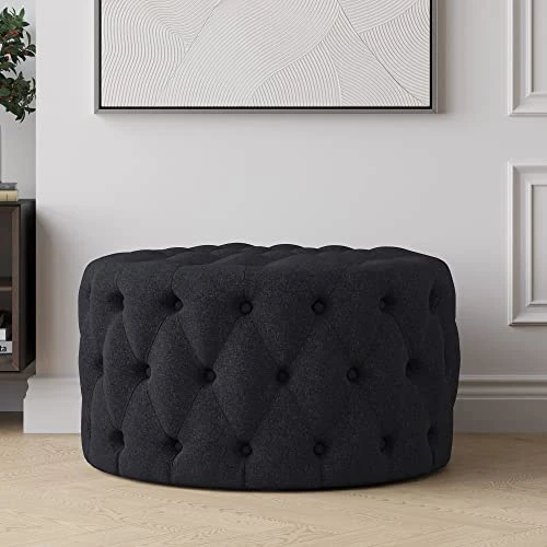 BELLEZE Modern 29 Inch Luxury Button Tufted Ottoman Bench, Upholstered Linen Fabric Footrest Decor For Living Room, Entryway, Or Bedroom - Elenor (Chocolate) - Image 3