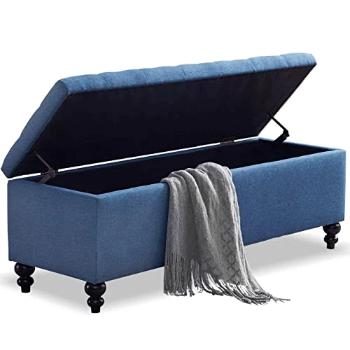 Storage Ottoman 50.2 Inches Upholstered Fabric Storage Ottoman Bench,Button Tufted Ottoman With Storage For Living Room (Navy Blue)