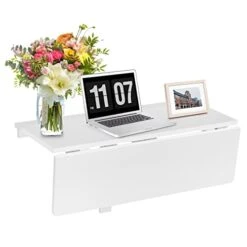 COSTWAY Wall Mounted Folding Table, 31.5" X 23.5" Drop-Leaf Floating Writing Desk For Small Spaces, Space-Saving Fold Down Laptop Workstation For Kitchen, Bedroom, Laundry Room, Study Room (White)
