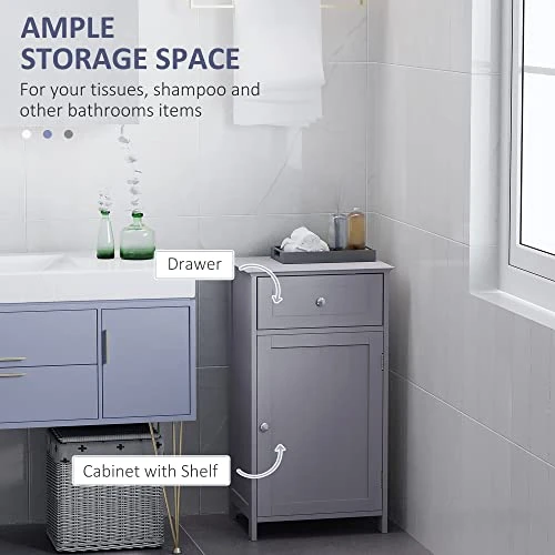 Kleankin Bathroom Cabinet With Drawer And Shelf, Toilet Vanity Cabinet For Toilet Paper, Towels Or Shampoo, Grey - Image 3