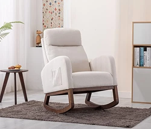 SmartDer Comfy Rocking Chair Nursery, Padded Rocking Chair With A Pocket, Accent Armchair With High Backrest And Solid Wood Base, Modern Lounge Living Room Chair For Nursery, Beige-Smooth Backrest - Image 15