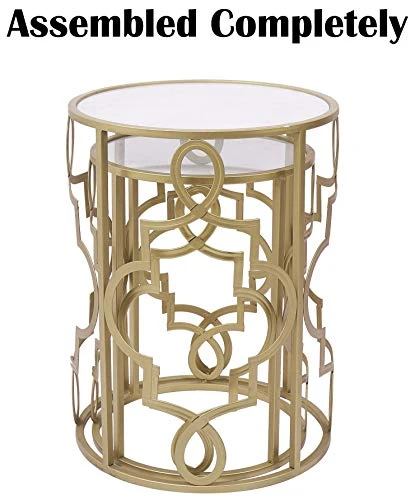 Gold&White Round Nesting Side End Tables Set Of 2 In Wooden Top, Assemble Already, Small Coffee Tables For Living Room Small Space, 16.5" D X 22" H & 14" D X 19" H - Image 2