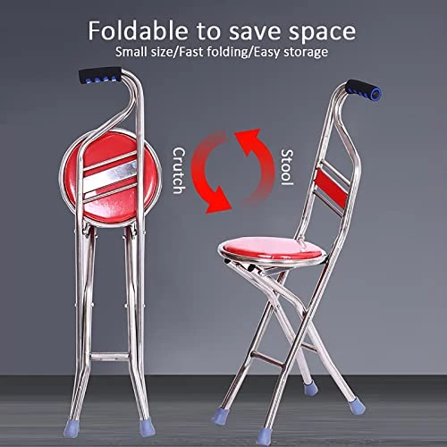 U&Q Folding Walking Cane With Seat,Portable Walking Stick For Senior,Adjustable Height Hiking Cane Chair Stool For Elderly Travel Camping Walking Unisex, Red, 25x28x79cm(10x11x31inch) - Image 3