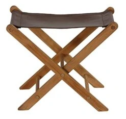 Bare Decor Davie Teak And Leather Folding Accent Stool, 18", Saddle Brown