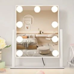 NUSVAN Vanity Mirror With Lights,Makeup Mirror With Lights With 9 Dimmable LED Bulbs, 3 Color Lighting Modes Detachable 10X Magnification Mirror Touch Control,360°Rotation