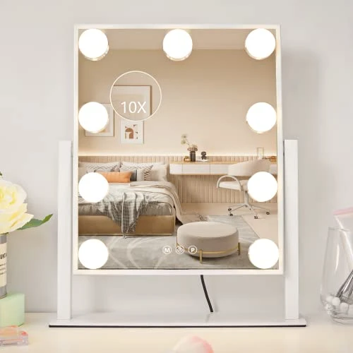 NUSVAN Vanity Mirror With Lights,Makeup Mirror With Lights With 9 Dimmable LED Bulbs, 3 Color Lighting Modes Detachable 10X Magnification Mirror Touch Control,360°Rotation
