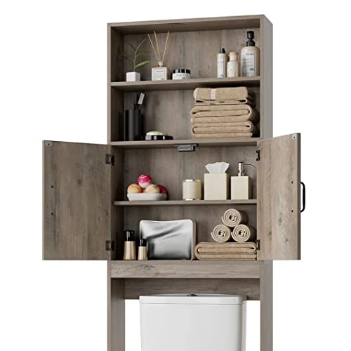 HOSTACK Over The Toilet Storage, Double Door Bathroom Organizer Toilet Cabinet, Freestanding Above Toilet Rack With Open Shelves And Adjustable Bottom Bar, 76.8 In H, Ash Gray - Image 3