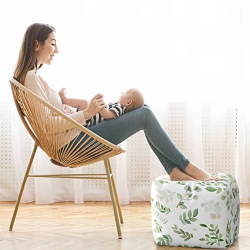 Sweet Jojo Designs Green Boho Floral Leaf Boy Girl Ottoman Pouf Cover Unstuffed Poof Floor Footstool Square Cube Pouffe Storage Baby Nursery Kids Room Sage White Bohemian Gender Neutral Watercolor - Image 4