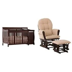 Stork Craft Portofino 4-in-1 Fixed Side Convertible Crib And Changer, Espresso And Hoop Glider And Ottoman Set, Espresso/Beige