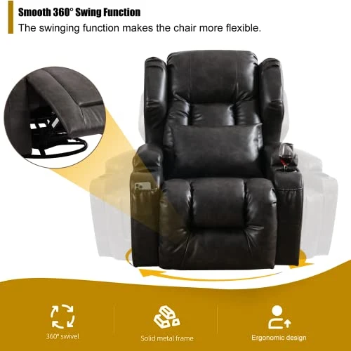 ETAGERIA Rocker Recliner Chair, 360° Swivel Glider Recliner - Ergonomic Leather Lounge Rocking Chairs For Nursery With Cup Holders/Side Pockets/Pillow For Living Room (Black Grey-1) - Image 3