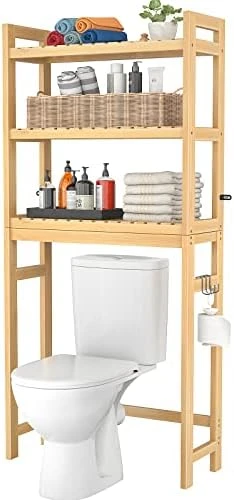 Homykic Over The Toilet Storage, Bamboo 3-Tier Over-The-Toilet Space Saver Organizer Rack, Stable Freestanding Above Toilet Stand With 3 Hooks For Bathroom, Restroom, Laundry, White - Image 8