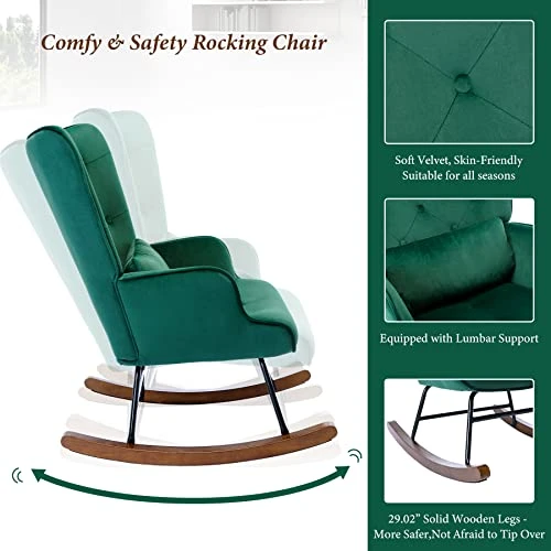 YOUTHUP Velvet Rocking Chair Indoor Mid-Century Modern Tufted Winback Rocker Chair With Solid Wood Base Comfy Tall Back Glider Rock Armchair For Living Room, Nursery, Balcony, Green - Image 3