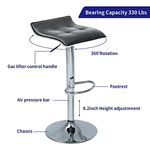 Puluomis Set Of 2 Barstool, Adjustable Swivel Gas Lift Bar Stools, PU Leather With Chrome Base, Grey - Image 2