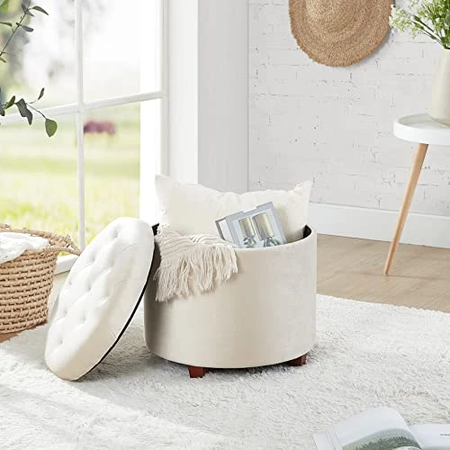 Ornavo Home Donovan Tufted Round Storage Ottoman With Removable Lid For Living Room And Bedroom - Cream Velvet - Image 2