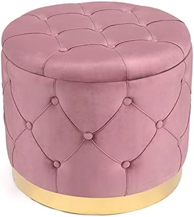 Homebeez 18.9" Round Velvet Storage Ottoman, Pre-Assembled Multi-Function Storage Vanity Stool, Button Tufted Accent Coffee Table With Golden Plate Base,Pink - Image 9