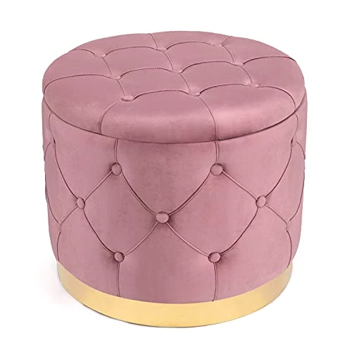 Homebeez 18.9" Round Velvet Storage Ottoman, Pre-Assembled Multi-Function Storage Vanity Stool, Button Tufted Accent Coffee Table With Golden Plate Base,Pink