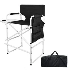 ABACAD Tall Director Chair Foldable, Portable Makeup Artist Chair Bar Height, Outdoors Folding Chair With Side Table Storage Bag Foot Rest, Black