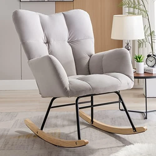 NIOIIKIT Nursery Rocking Chair Teddy Upholstered Glider Rocker Rocking Accent Chair Padded Seat With High Backrest Armchair Comfy Side Chair For Living Room Bedroom Offices (Ivory Teddy) - Image 9
