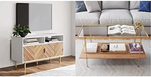 Nathan James Izsak Media Console, Brown/White/Gold & Enloe Modern Storage, Free Standing Accent Cabinet With Doors In A Rustic Fir Wood Finish Powder-Coated Metal Base, White/Gold - Image 14